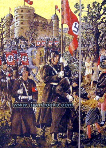 SS tapestry with Nazi swastika flags
